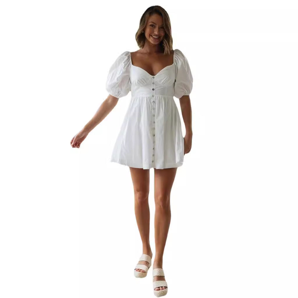 Damen skandinavisches Sommerkleid mit Puffärmeln und Knopfleiste Drune