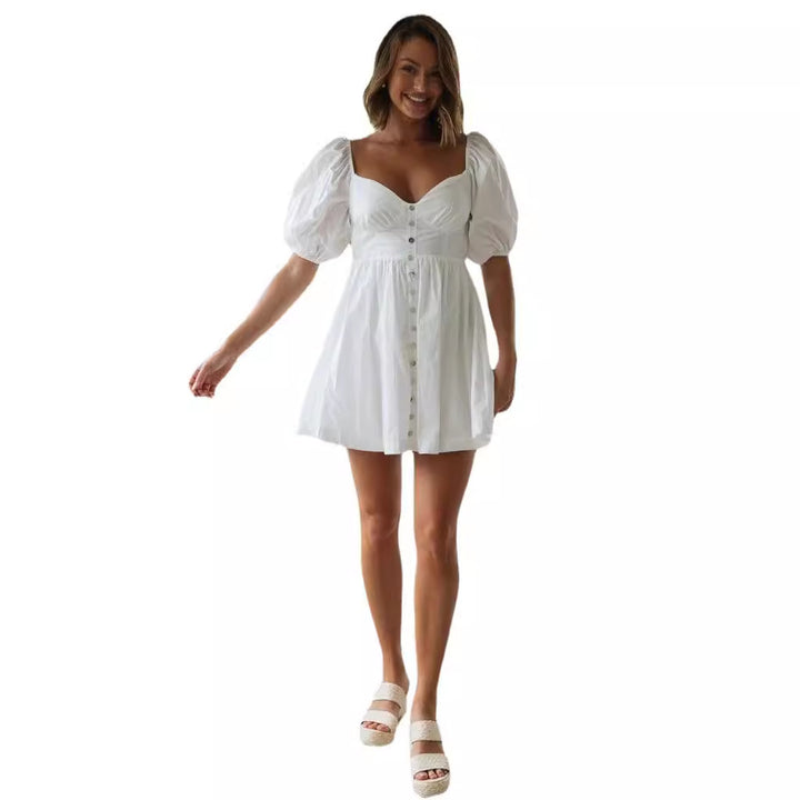 Damen skandinavisches Sommerkleid mit Puffärmeln und Knopfleiste Drune
