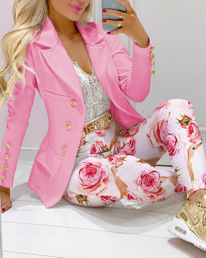 Damen Zweiteiliges Blazer-und-Hose-Set mit Schmetterlingsprint und glamourösem Glitzereffekt Drune