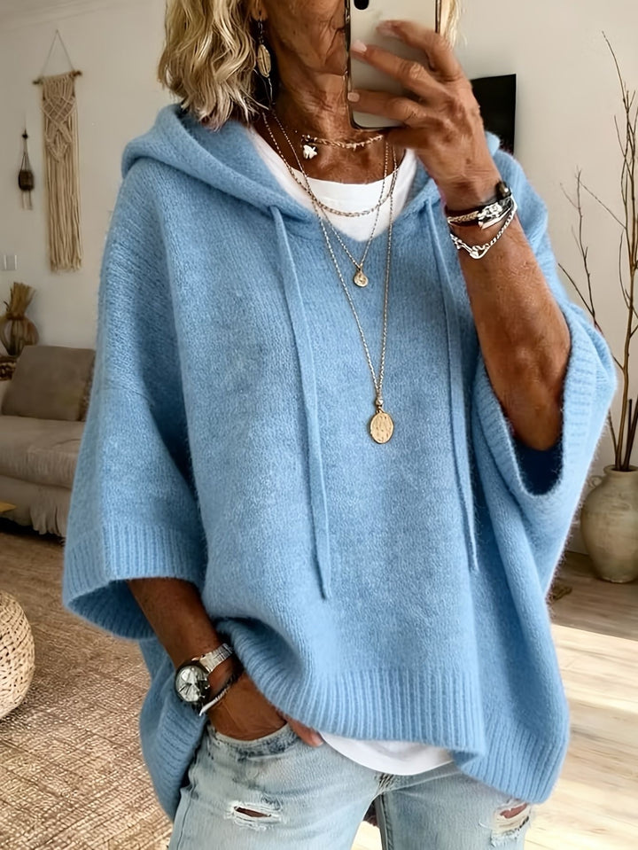 Damen nan Oversize Strickponcho mit Kapuze und kurzen Ärmeln Drune