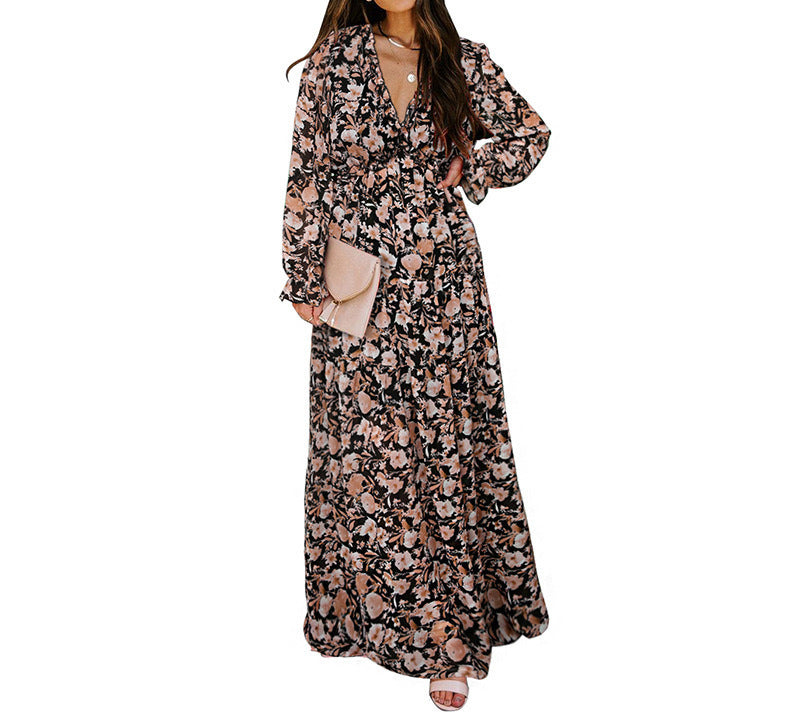 Damen Maxikleid mit floralem Vintage-Druck und V-Ausschnitt Drune