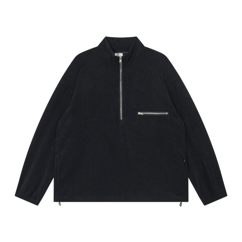 Unisex Oversize Halbzip-Pullover aus Cord‑Mix mit Brust-Reißverschlusstasche und Kordelzugsaum Drune