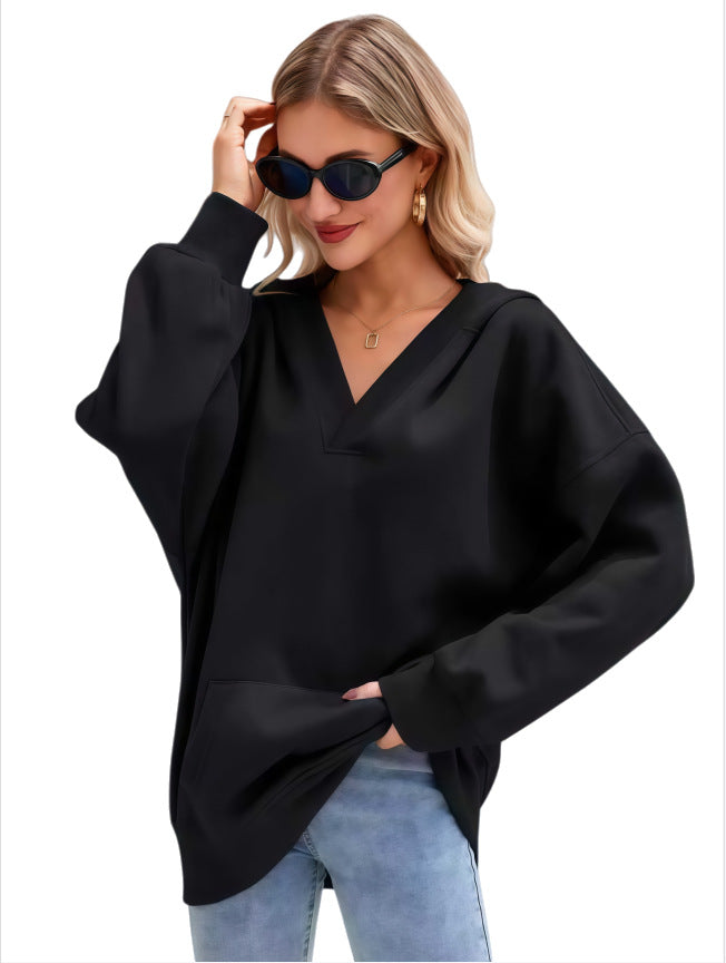 Damen Oversize V-Ausschnitt Hoodie mit Kapuze, Kängurutasche und verlängertem Saum Drune