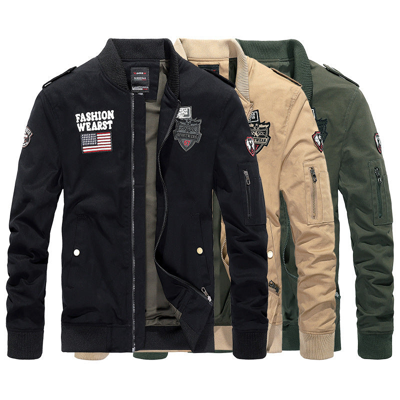 Herren Vintage-Canvas Bomberjacke mit Patchapplikationen und Ärmeltasche Drune