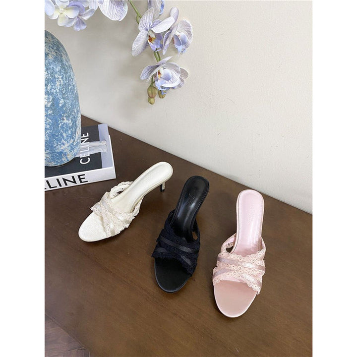 Damen elegante Mules mit Spitzenakzenten Drune