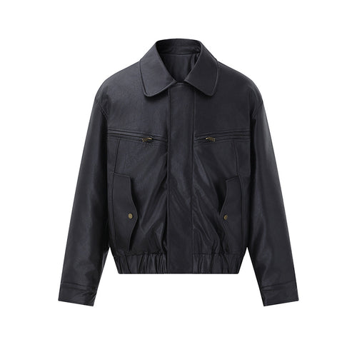 Herren Kurzer Boxy-Lederblouson mit Pattentaschen und elastischem Bund Drune