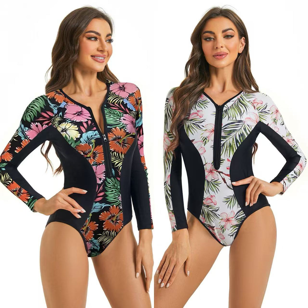 Damen Sportlicher Langarm Badeanzug mit floralem Grafikdesign Drune