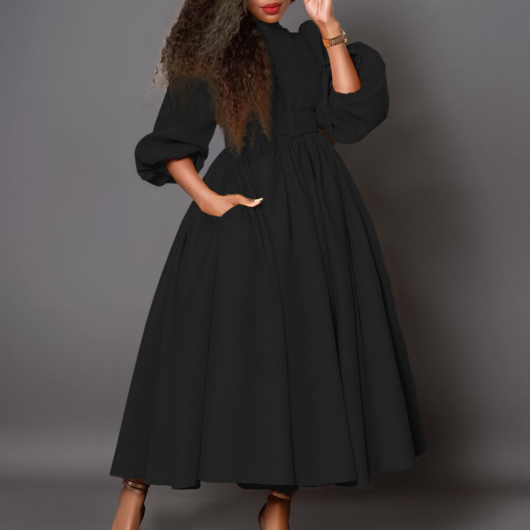 Damen Maxikleid mit hochgeschlossenem Kragen und abnehmbarem Taillengürtel Drune
