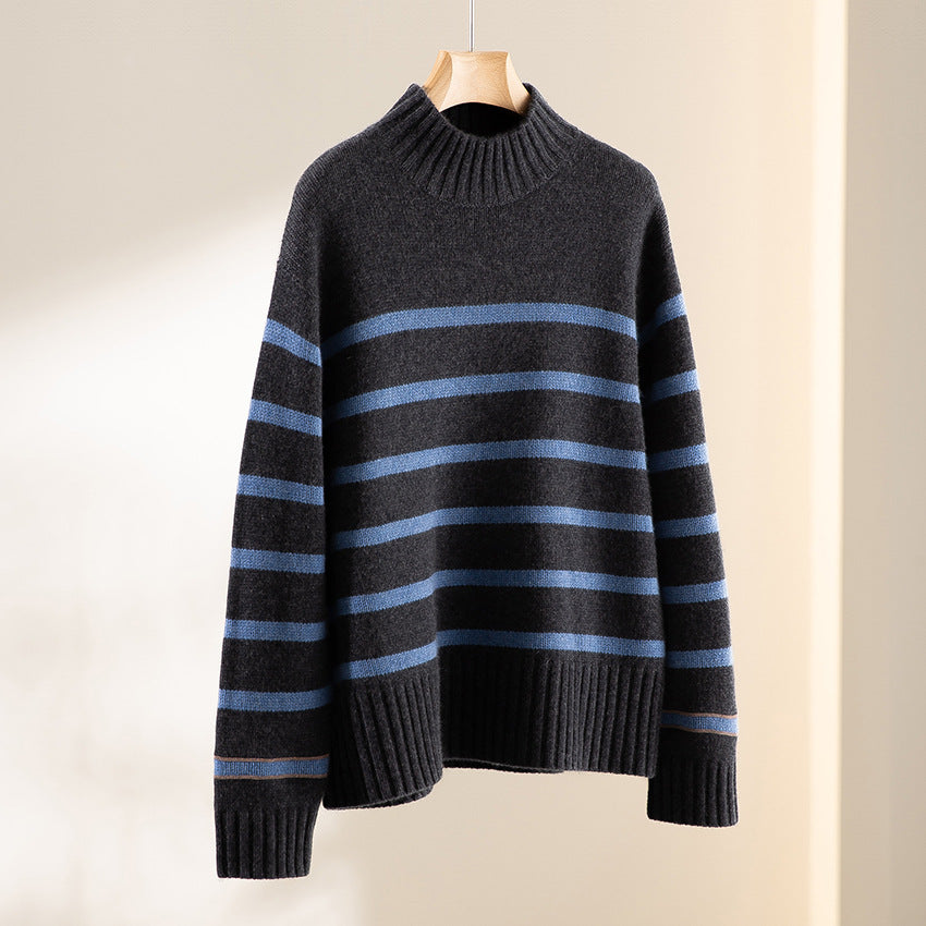 Damen Gestreifter Feinstrick-Pullover mit halbhohem Rippkragen und geripptem Saum Drune