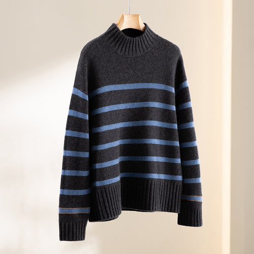 Damen Gestreifter Feinstrick-Pullover mit halbhohem Rippkragen und geripptem Saum Drune