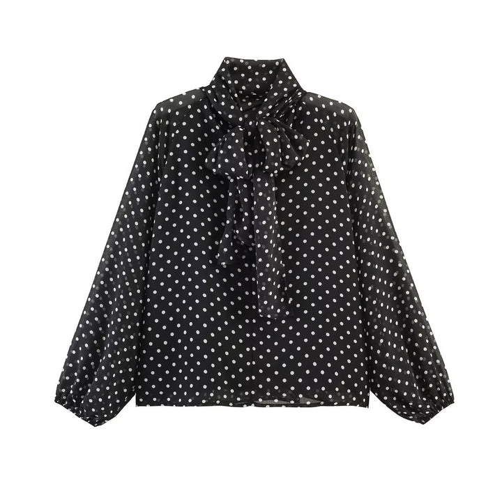Damen 50+ seidenähnliche Polka‑Dot Schlupfbluse mit Schleifenkragen und Ballonärmeln Drune