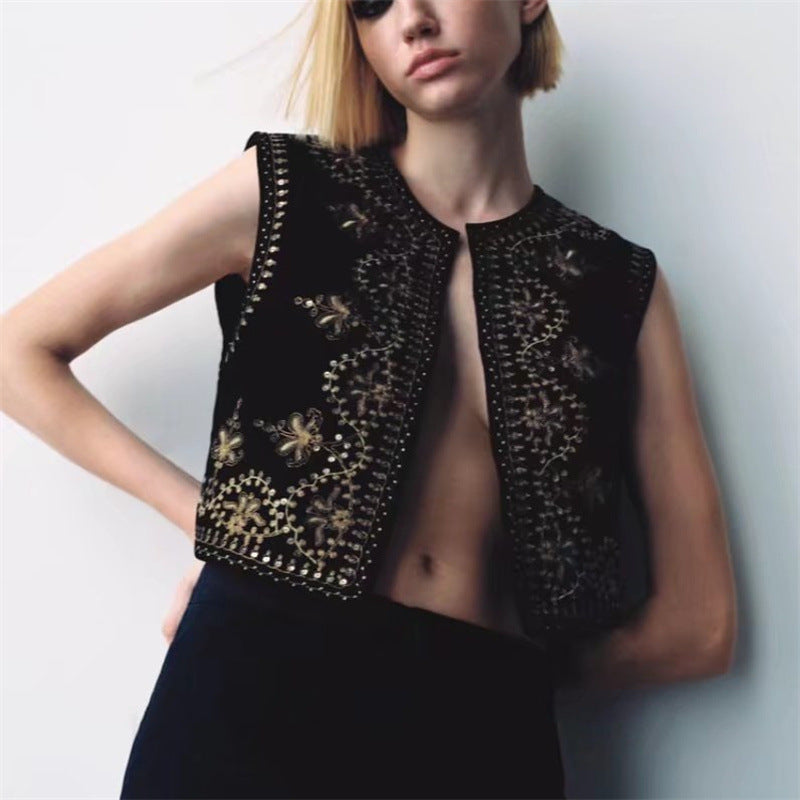 Damen Bestickte Samt-Cropped-Weste mit Perlen- und Paillettenbesatz Drune