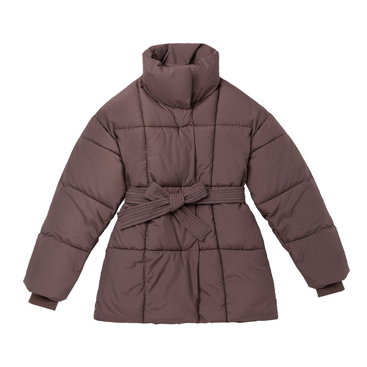Damen Komfortable und elegante Pufferjacke mit Gürtel und hohem Kragen Drune
