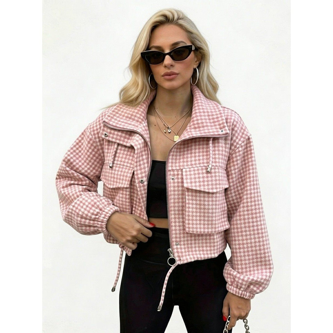 Damen Karo-Cropped-Jacke mit Stehkragen, Tunnelzug und elastischen Bündchen Drune