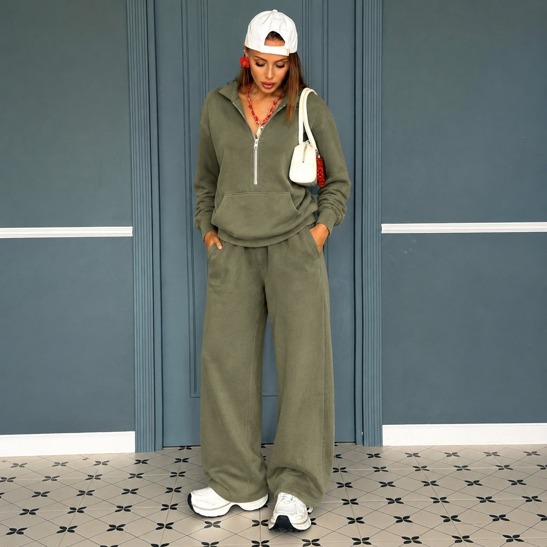 Damen lässiges Zip-Sweatset mit Polokragen und weitem Jogger-Schnitt Drune