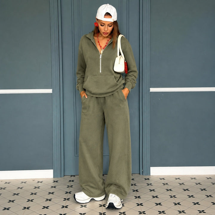 Damen lässiges Zip-Sweatset mit Polokragen und weitem Jogger-Schnitt Drune