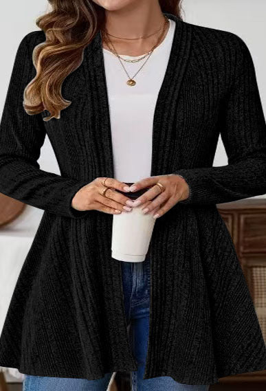 Damen Offener Feinstrick-Cardigan mit Rippstruktur, tailliertem Schnitt und schwingendem Saum Drune