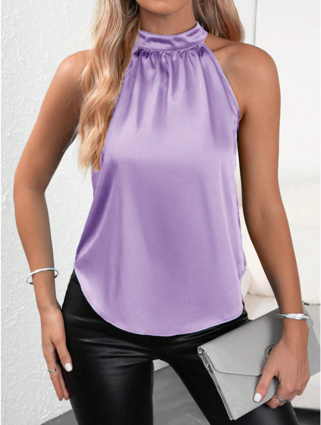 Damen Elegantes Satin Top mit hochgeschlossenem Kragen Drune