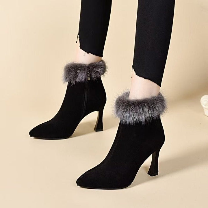 Damen Elegante Stiefeletten mit Fellkragen Drune