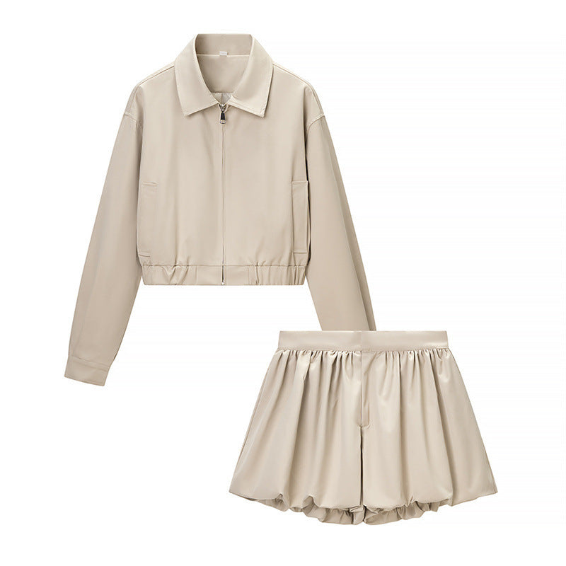 Damen Kurze Blousonjacke aus veganem Leder mit Reißverschluss und elastischem Saum Drune