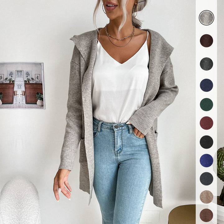 Damen Langärmlige Strickjacke mit Kapuze und seitlichen Taschen Drune