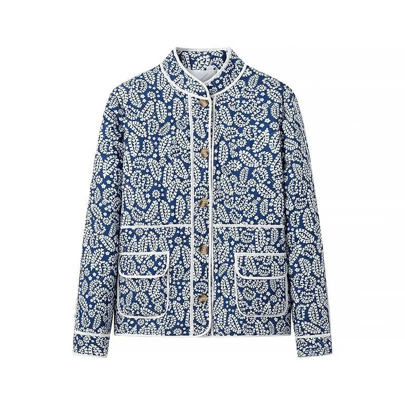 Damen gesteppte Übergangsjacke mit Stehkragen, Paisley‑Print und Kontrastpaspel Drune