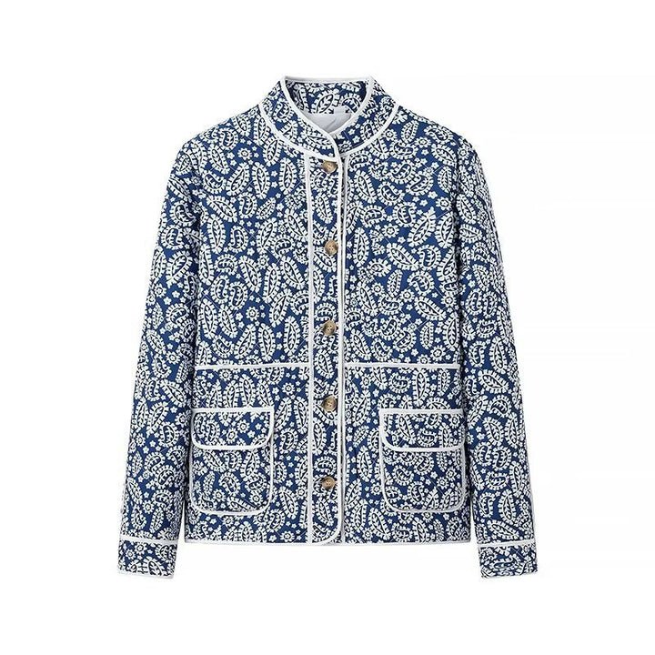 Damen gesteppte Übergangsjacke mit Stehkragen, Paisley‑Print und Kontrastpaspel Drune
