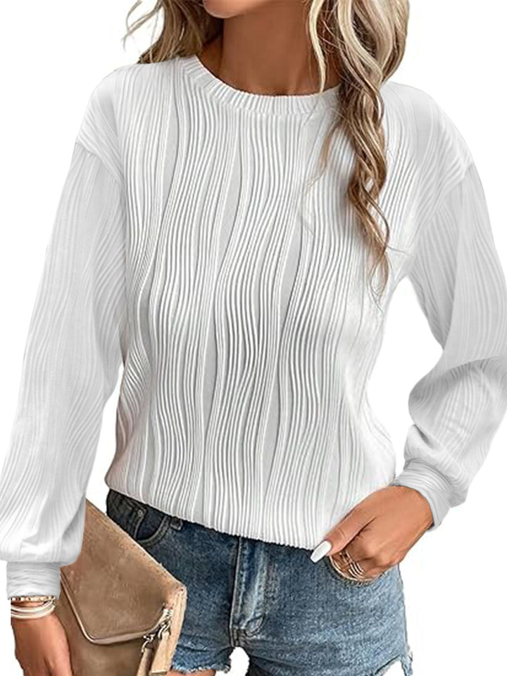 Damen Fein plissiertes Langarmshirt mit Rundhalsausschnitt und strukturierter Wellenoptik Drune