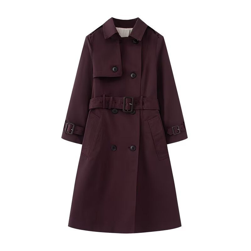 Damen Langer taillierter Trenchcoat mit doppelreihiger Knopfleiste, Taillengürtel und Ärmelriegel Drune