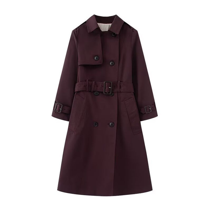 Damen Langer taillierter Trenchcoat mit doppelreihiger Knopfleiste, Taillengürtel und Ärmelriegel Drune