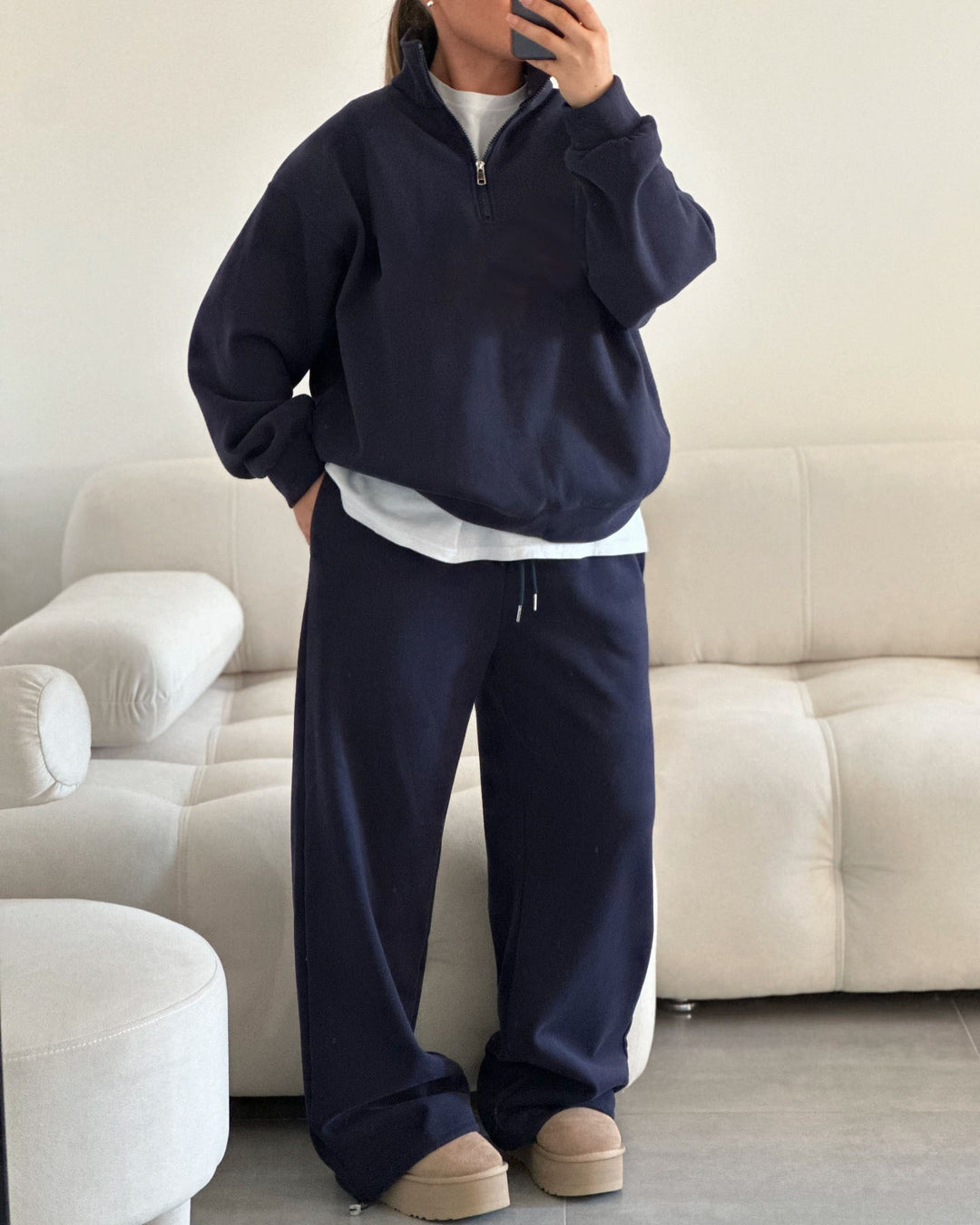 Damen Oversize Sweatshirt mit Halbzip und hohem Stehkragen Drune