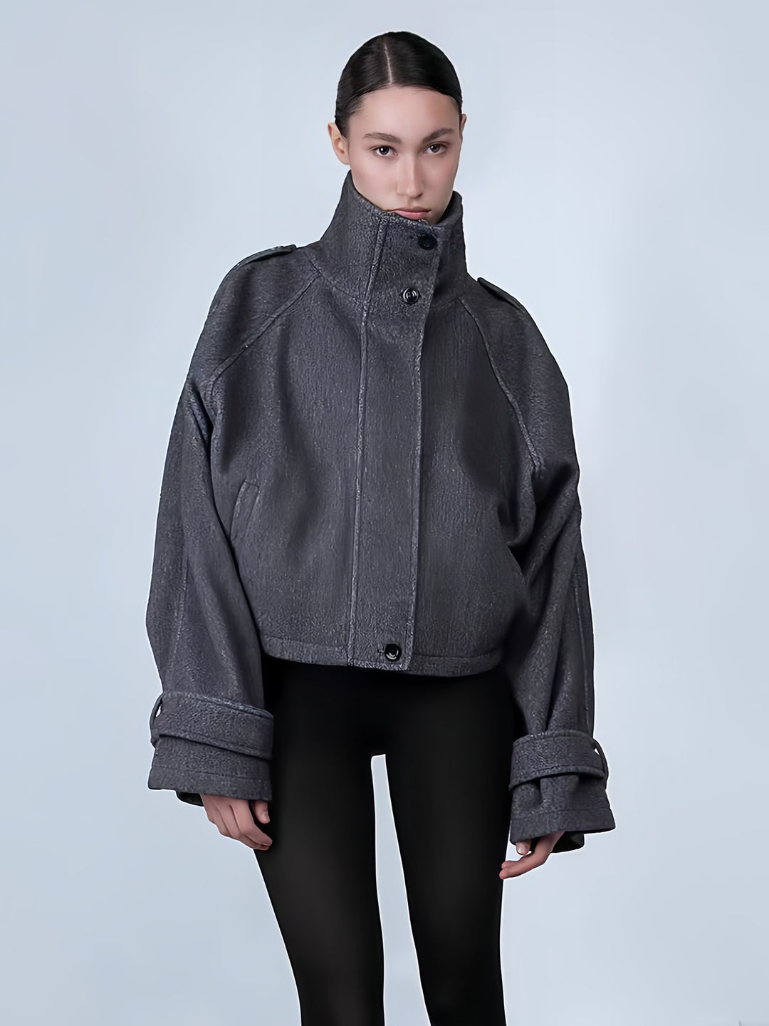 Damen Modische oversized Jacke mit hohem Kragen und dekorativen Knopfdetails Drune