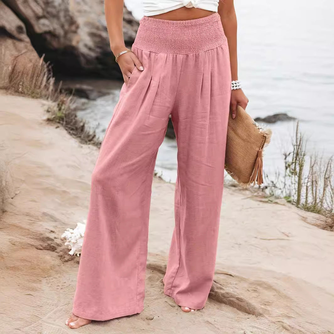 Damen Weite Leinenhose mit elastischem Bund und Falten Drune