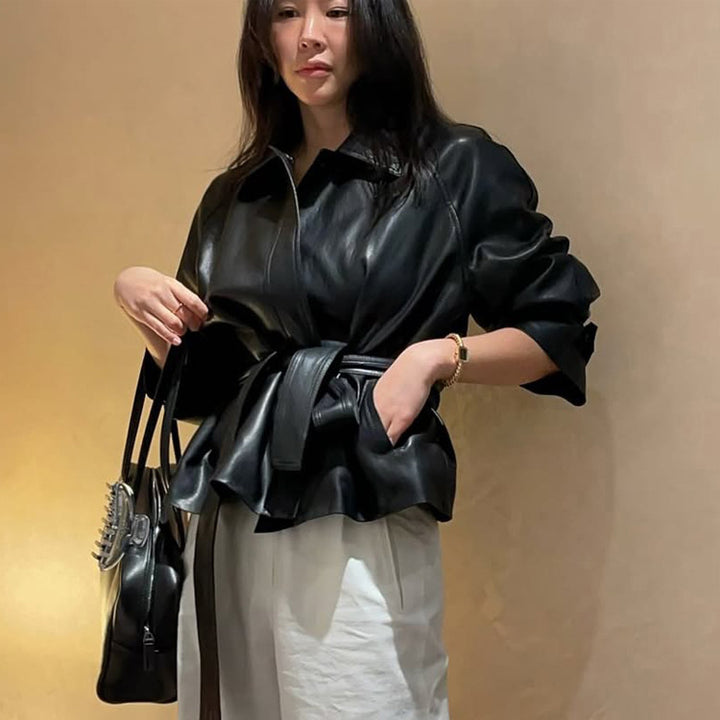 Damen Taillierbare Kunstlederjacke mit Wickelgürtel und kastiger Silhouette Drune