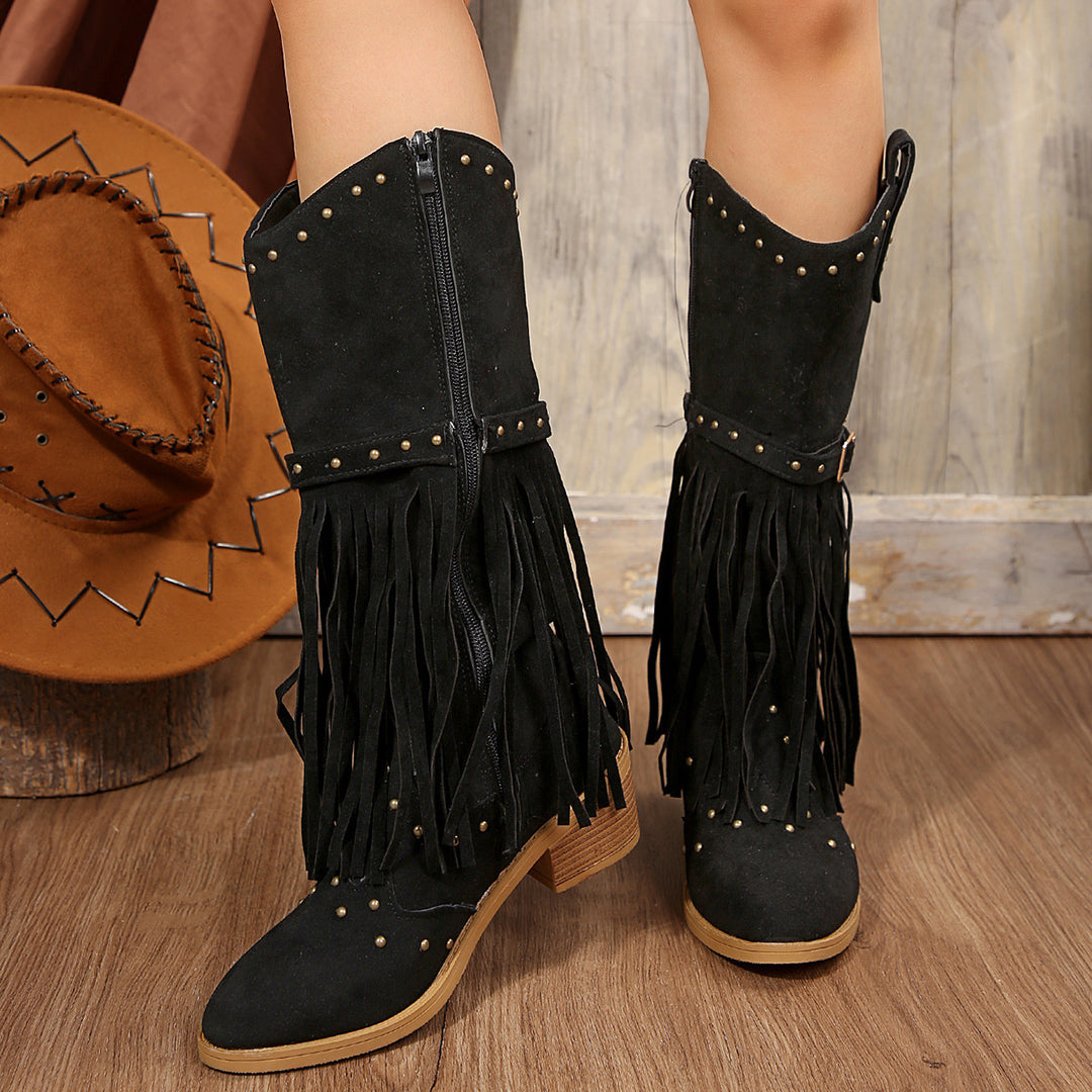 Damen Fransen-Stiefel mit Nietenverzierungen und Blockabsatz Drune
