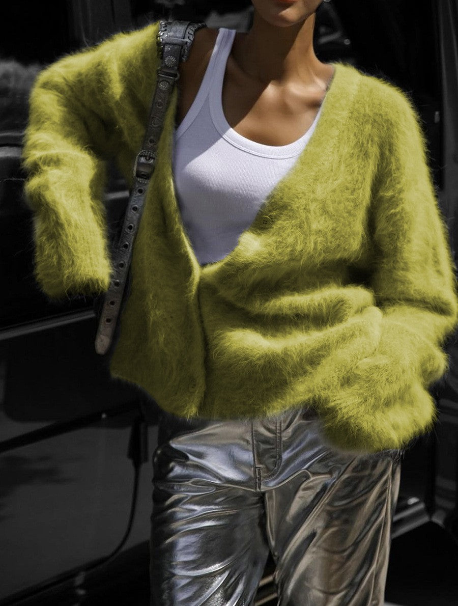 Damen Flauschige Mohair-Optik Strickjacke mit V-Ausschnitt und Oversize-Schnitt Drune