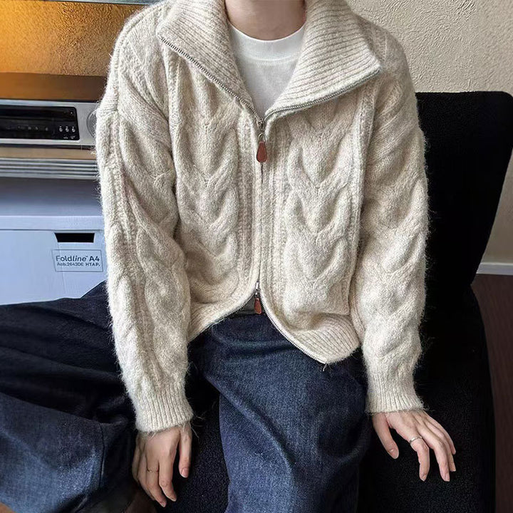 Damen Grobstrickpullover mit hohem Kragen und dekorativem Reißverschluss Drune