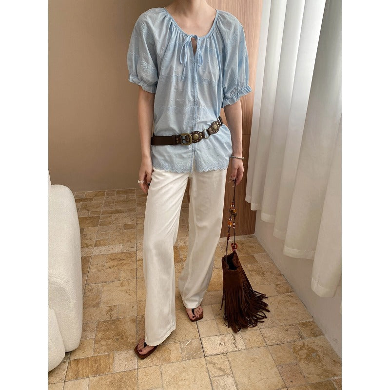 Damen lässige Bluse mit Rüschendetails und Schlüsselaugenverschluss Drune