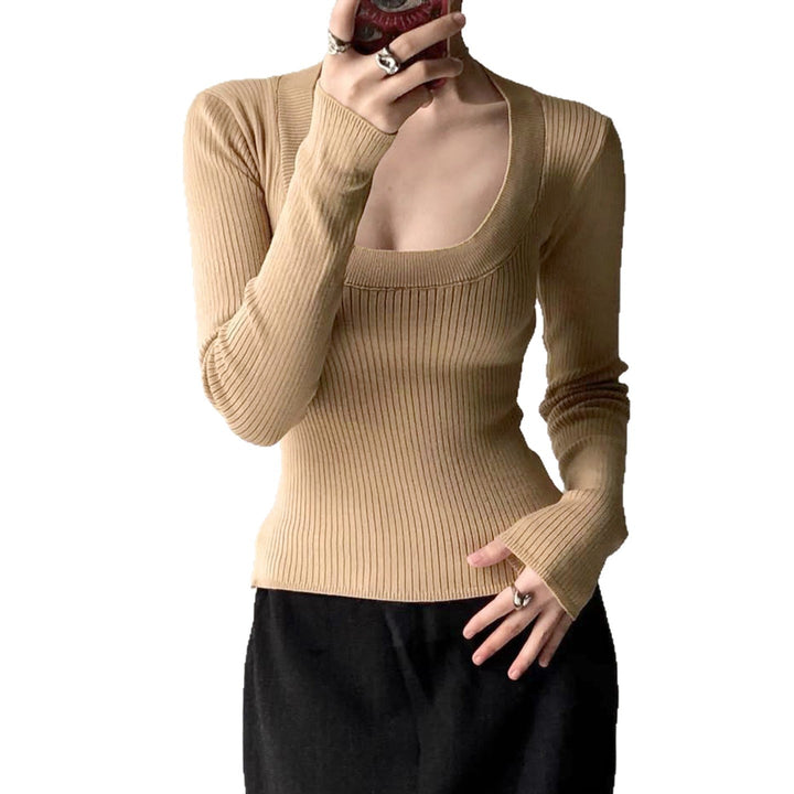 Damen Enganliegendes geripptes Langarmshirt mit tiefem U-Ausschnitt Drune