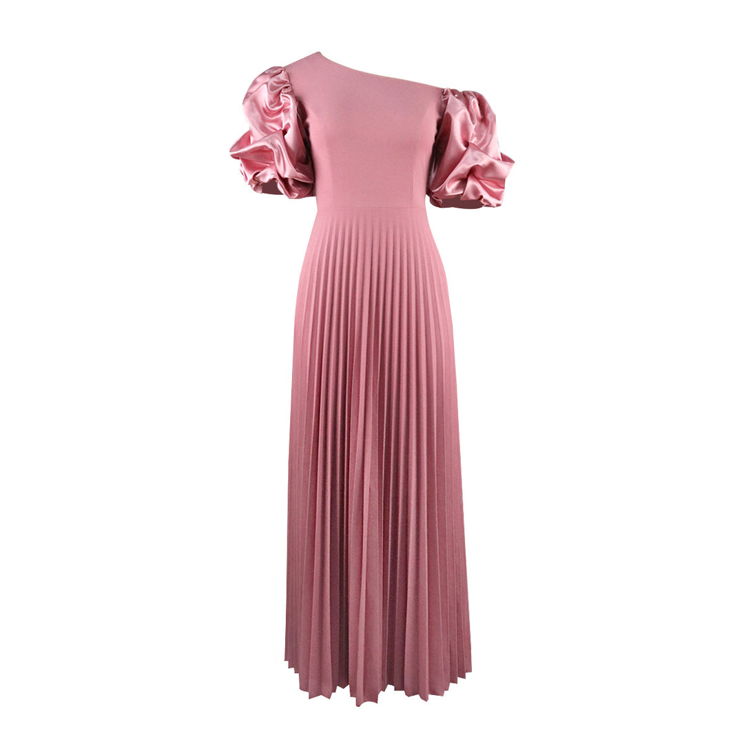Damen elegantes Maxikleid mit asymmetrischem Schnitt und voluminösen Puffärmeln Drune