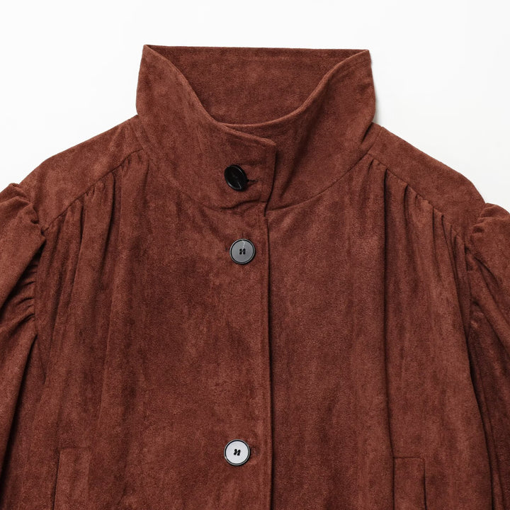 Damen Kurzjacke aus Velourslederimitat mit Stehkragen, gerafften Balloonärmeln und Knopfleiste Drune