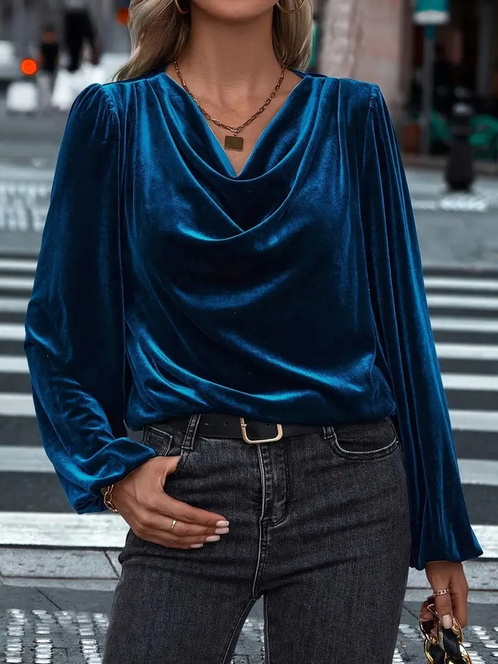 Damen Drapiertes Samtblusenshirt mit Wasserfall‑Ausschnitt und Puffschultern Drune
