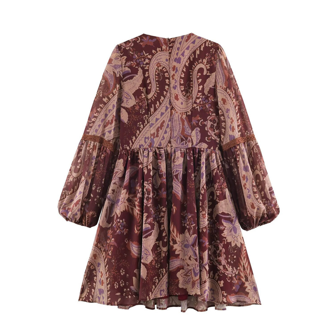 Damen Boho-Minikleid mit V-Ausschnitt, Spitzenbesatz und Ballonärmeln Drune