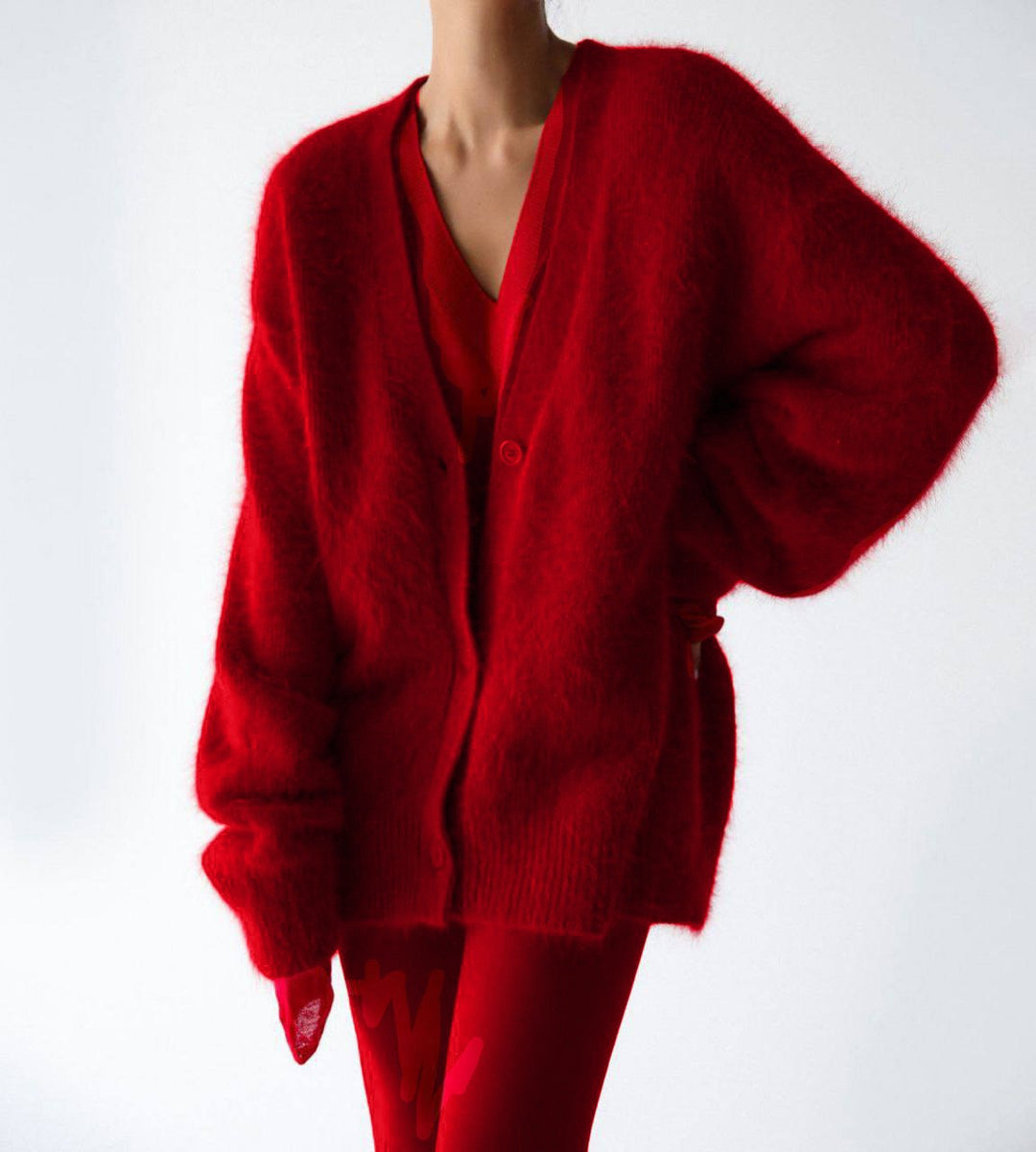 Damen Flauschige Mohair-Optik Strickjacke mit V-Ausschnitt und Oversize-Schnitt Drune