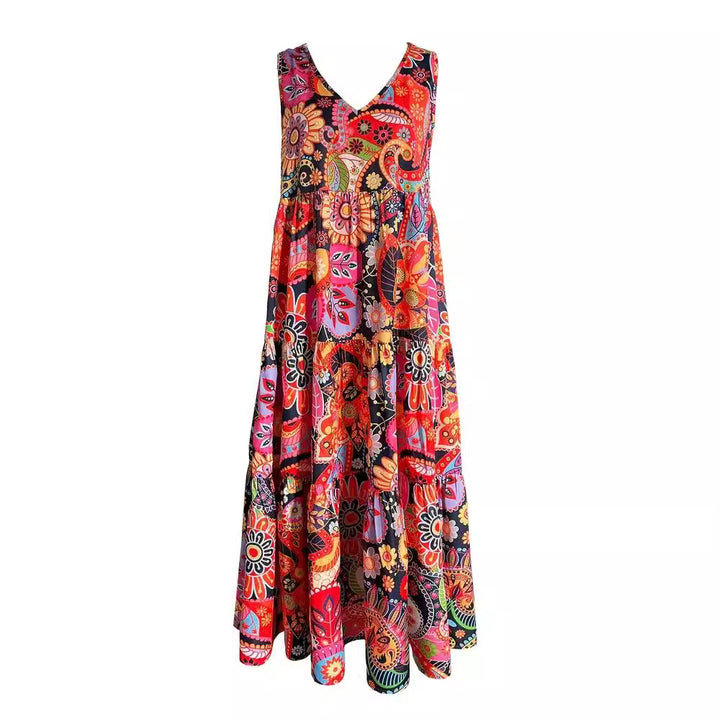 Damen nan stufenförmiges Boho-Maxikleid mit V-Ausschnitt und geraffter Unterbrustnaht Drune