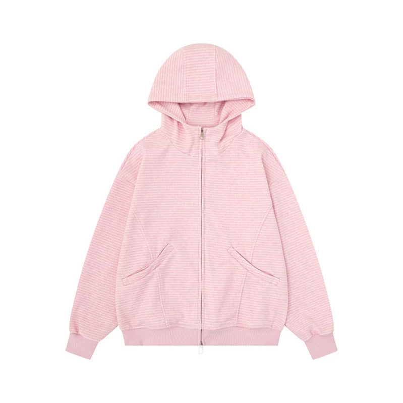 Unisex Gestreifte Kapuzen-Sweatjacke mit Reißverschluss und Kängurutaschen Drune