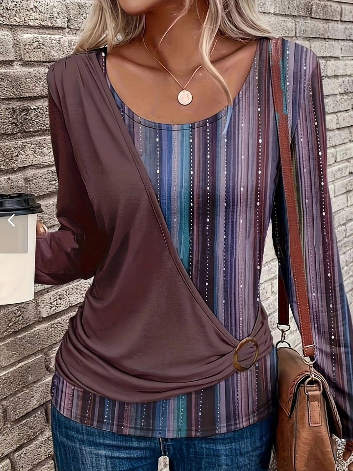 Damen Lagenlook Wickel‑Shirt mit asymmetrischer Drapierung und gestreiftem Unterteil Drune