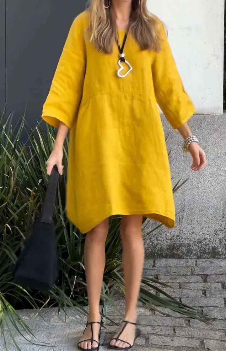 Damen lässiges Leinenkleid mit praktischen Taschen und asymmetrischem Saum Drune