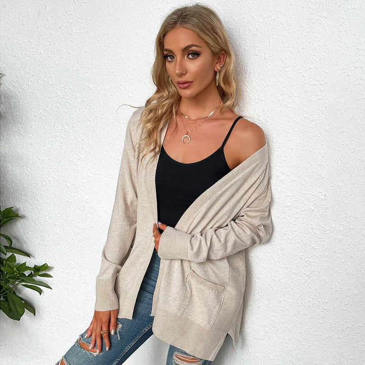 Damen lässiger Strickcardigan mit tiefem V-Ausschnitt und praktischen Taschen Drune