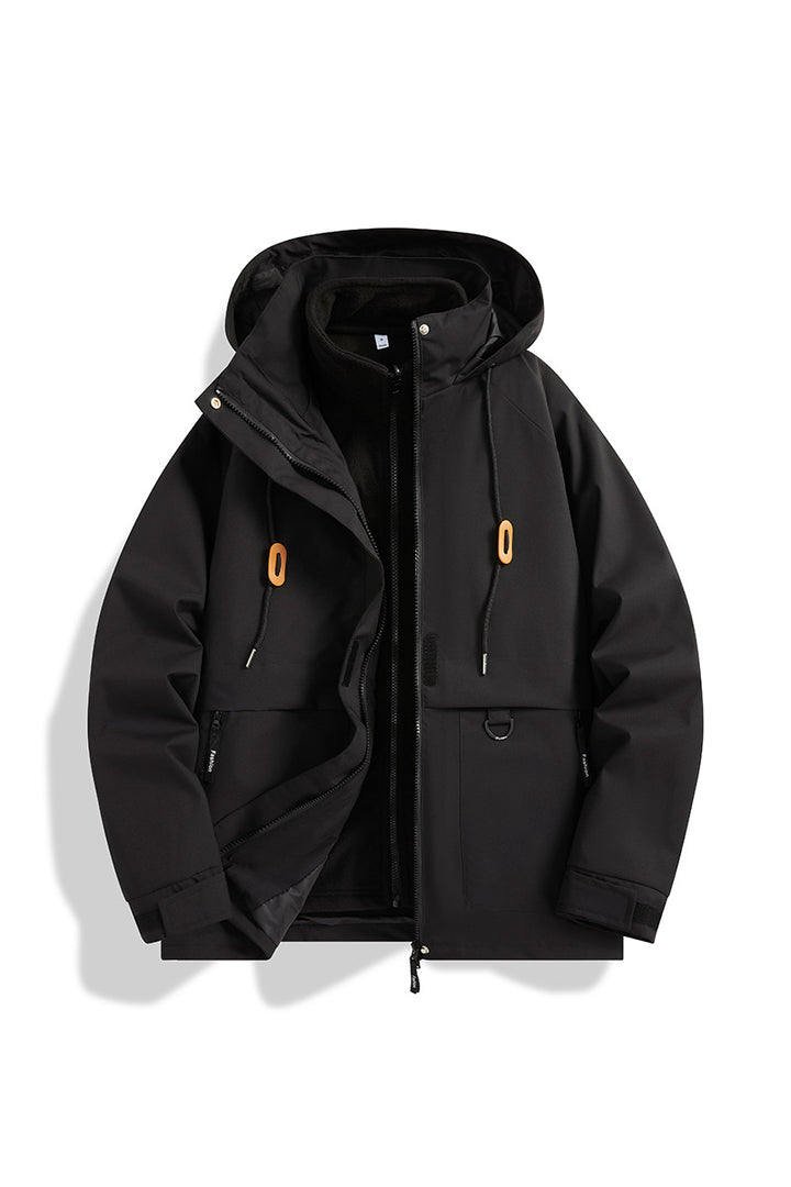 Herren Mehrlagige Softshell-Utilityjacke mit integriertem Fleece-Innenjackett, Kordelzugkapuze und Multifunktions-Taschen Drune